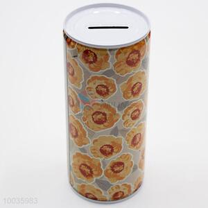 Khaki Kids Iron Money Box Shaped in cylinder with Orange Flowers Pattern