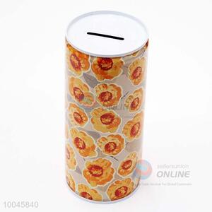 6.5*12CM Lovely zip-top can shape tinplate money box/saving pot printed orange flower