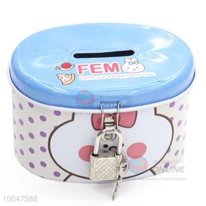 Cute blue tinplate money box with lock