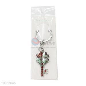 Pretty Cute Key Shaped Zine-alloy Metal Key Chain/Key Ring with Rhinestone