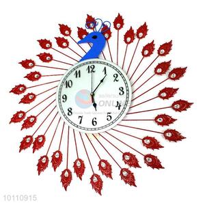 Red Creative Home Decorative Iron Large Wall Clock in Peafowl Shape