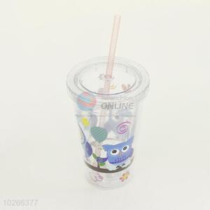 Cartoon Owl Pattern Plastic Creative Fruit Juice for Summer Water Bottles Ice Plastic Cup with Straw