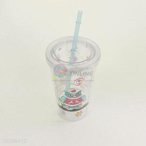 Nice Design Plastic Transparent Color Cartoon Owl Printed Cup with Blue Straw Creative Tea Cup Potable Cup