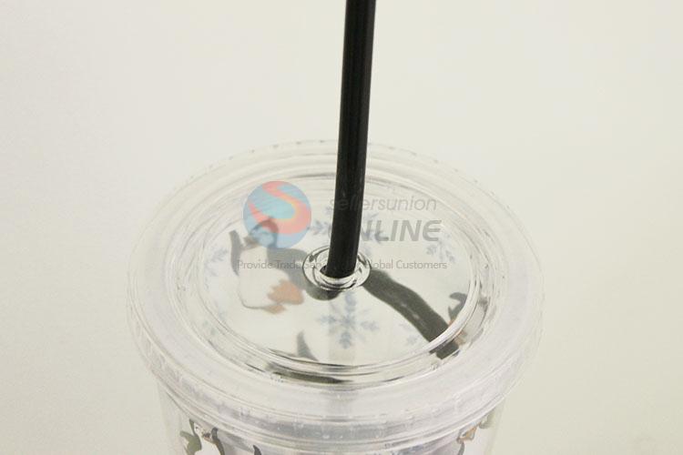 Latest Design Cartoon Penguin Pattern Water Cup Tea Cup Plastic Cup with Black Straw