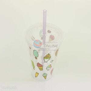 Latest Design Water Bottle Creative Plastic Ice Cream Pattern Cup with Straw Summer Wall Water Cup