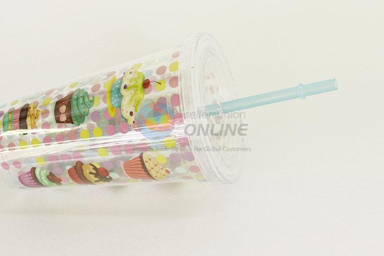 Serviceable Cup Cake Pattern Plastic Creative Fruit Juice for Summer Water Bottles Ice Plastic Cup with Straw