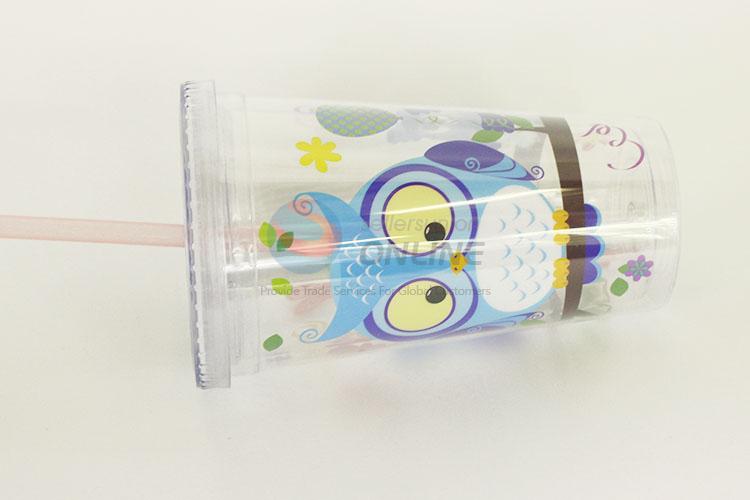 Cartoon Owl Pattern Plastic Creative Fruit Juice for Summer Water Bottles Ice Plastic Cup with Straw