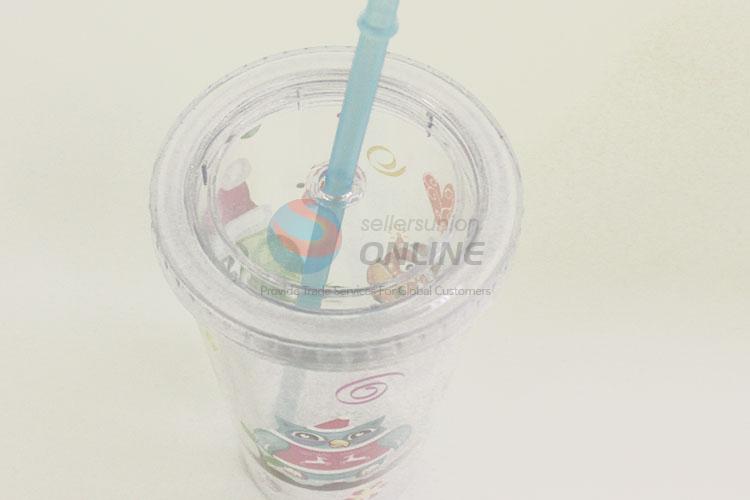 Nice Design Plastic Transparent Color Cartoon Owl Printed Cup with Blue Straw Creative Tea Cup Potable Cup