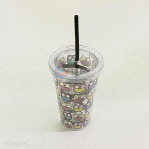 Simple Style Plastic Cartoon Owls Cup with Black Straw Creative Personalized Coffee Milk Tea Cup Potable Cup