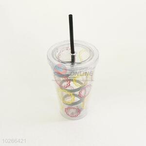 Portable Flowers Pattern Portable Water Bottle Water Cup with Black Straw