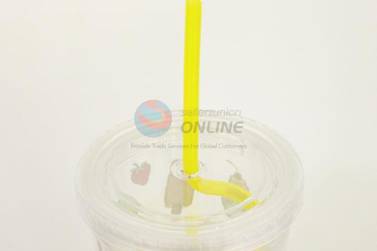 Imple Ice Cream Printed Plastic Creative Fruit Juice for Summer Water Bottles Ice Plastic Cup with Yellow Straw