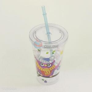 Low Price Cartoon Owl Pattern Water Cup Tea Cup Plastic Cup with Blue Straw