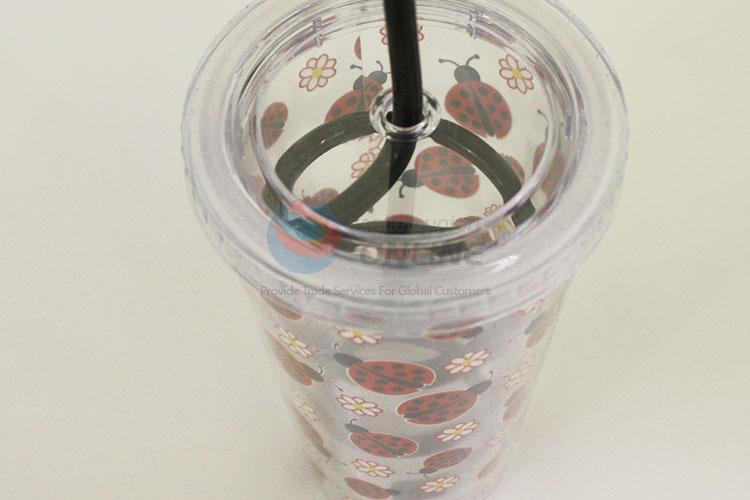 Cute Cartoon Coccinella Septempunctata Pattern Water Cup Tea Cup Plastic Cup with Black Straw