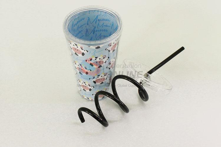 Cartoon Cow Printed Plastic Cup with Black Straw Creative Personalized Coffee Milk Tea Cup Potable Cup