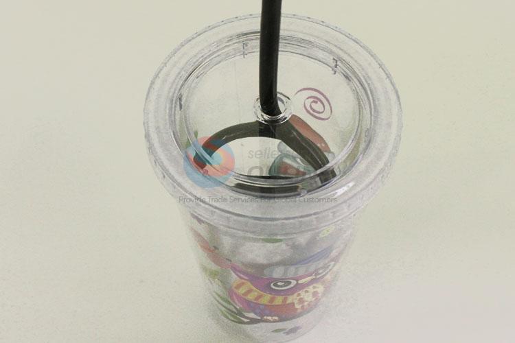 Factory Supplies Cartoon Owl Pattern Water Cup Tea Cup Plastic Cup with Black Straw