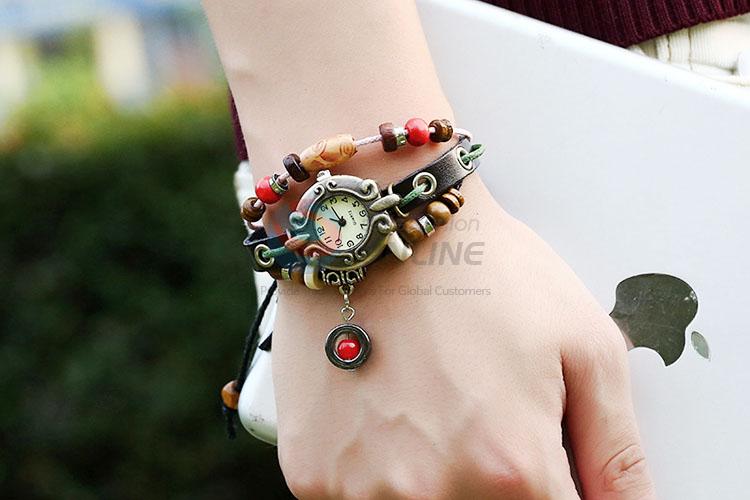 Fashion Beaded Design Leather Bracelet Wristwatch