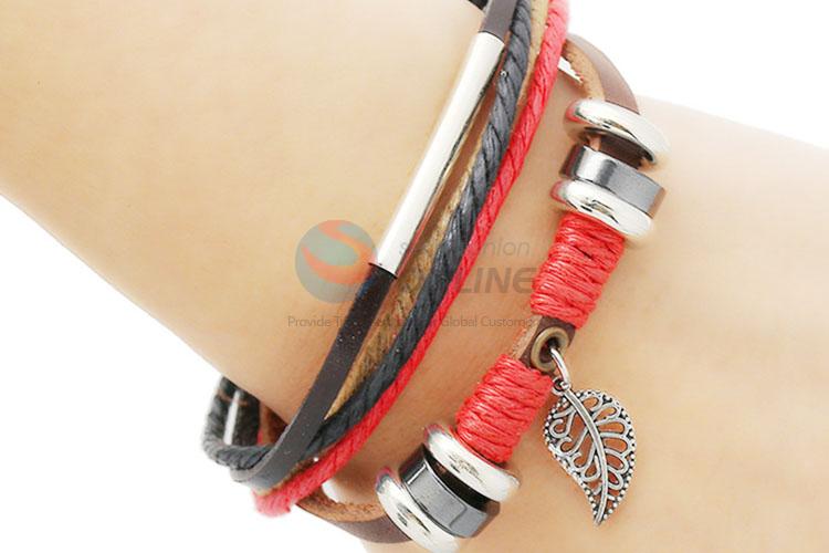 Unique Design Leaf Charm Leather Bracelet