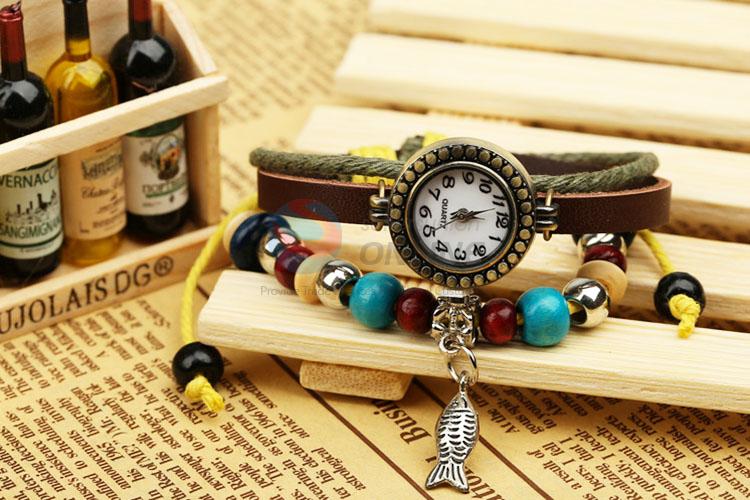 High Quality Cute Fish Charm Leather Bracelet Wrist Watch