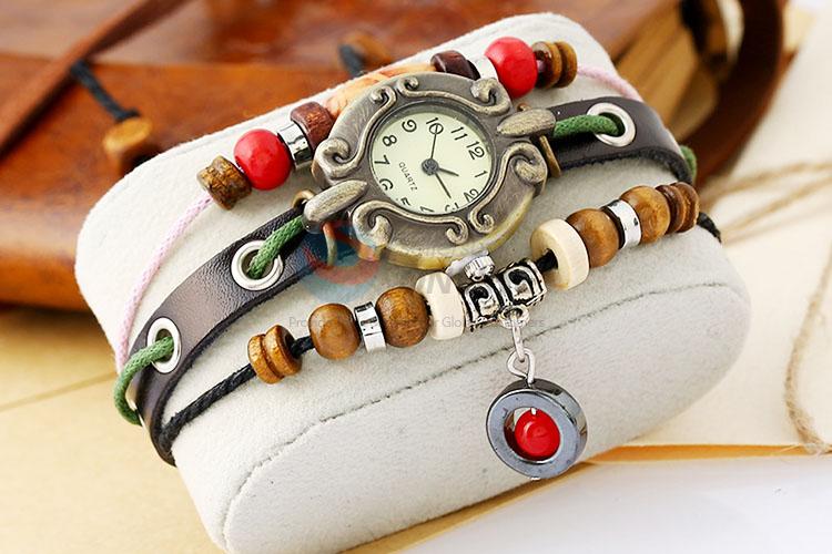 Fashion Beaded Design Leather Bracelet Wristwatch