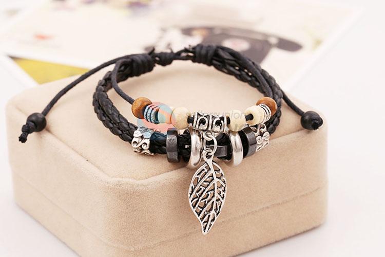 Unique Design Color Beads Leather Woven Bracelet