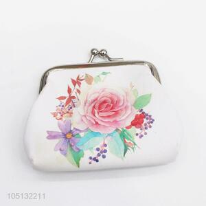 Best Selling White Color Rose Pattern PU Leather Coin Purse for Ladies