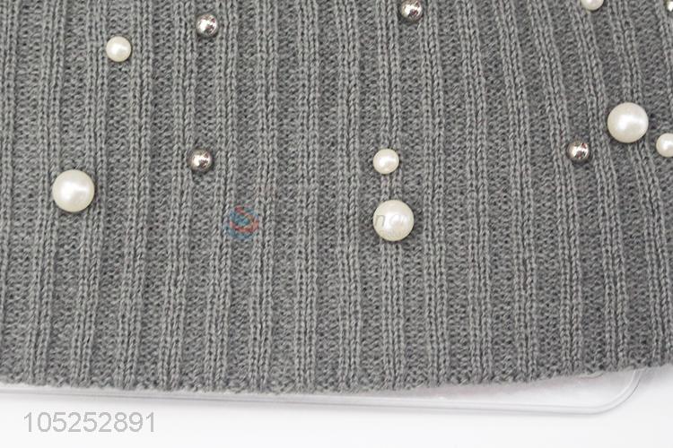 Factory promotional gray fashion women knitted cap with pearls