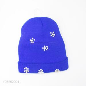 Cheap wholesale blue delicate women knitted cap with pearls