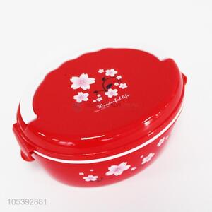 Red plum blossom printed two-tier plastic lunch box with spoon