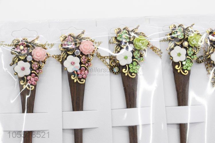 Fashion Design Hair Accessories Handmade Rhinestone Wooden Hairpin Jewelry