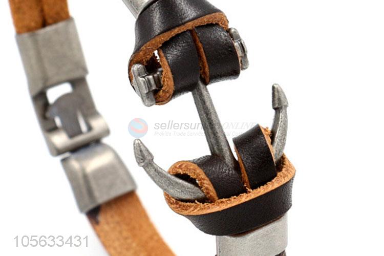 Top selling custom men braided leather bracelet alloy anchor charms bracelet