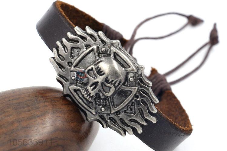 Professional manufacturer mens adjustable leather bracelet with skull charms