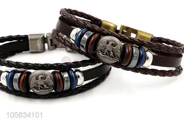 Factory promotional multitier men leather bracelet vintage braided bracelet