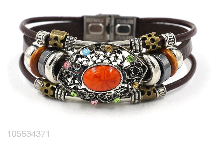 China supplier multilayer leather bracelet retro alloy bracelets