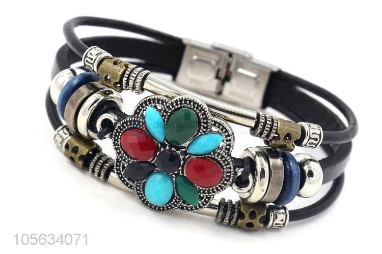 Wholesale new multilayer retro leather bracelet with alloy flower