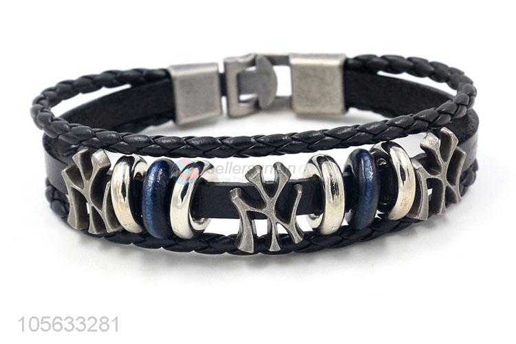 Top quality cheap multitier men leather bracelet vintage braided beaded bracelet