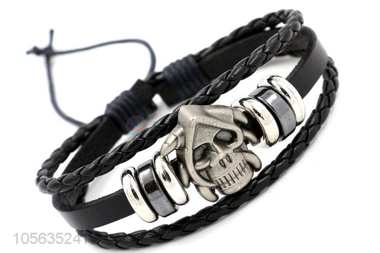 Professional mens favor handmade retro braided bracelet with skull charms