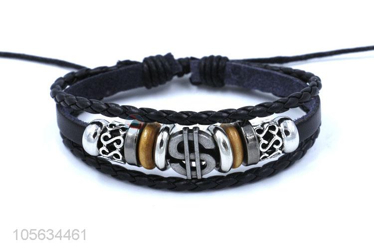 Wholesale cheap handmade mens leather bracelet retro alloy braided bracelet