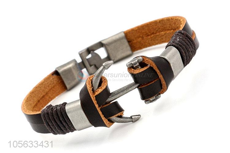 Top selling custom men braided leather bracelet alloy anchor charms bracelet