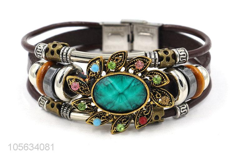 Competitive price handmade retro leather bracelet with alloy charms