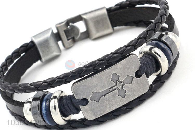 Top quality cheap handmade mens leather bracelet retro alloy braided bracelet