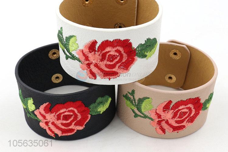 New arrival fashion wide flower embroidered leather bracelet