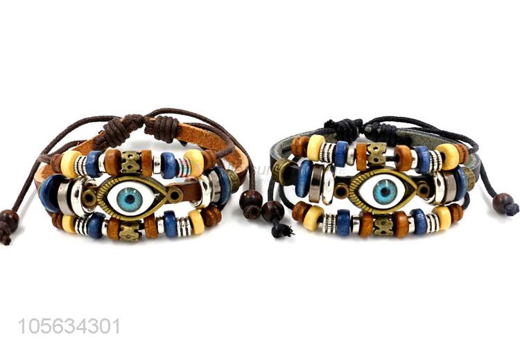 Promotional products multitier men leather bracelet vintage alloy eye bracelet