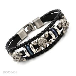 Factory directly sell vintage punk men leather bracelet with skull charms