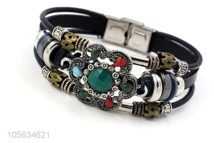 Bottom price retro styles handmade mens leather bracelets with charms