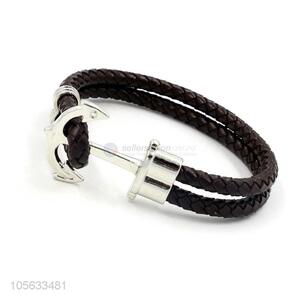 Factory sales mens favor handmade retro braided leather anchor bracelet