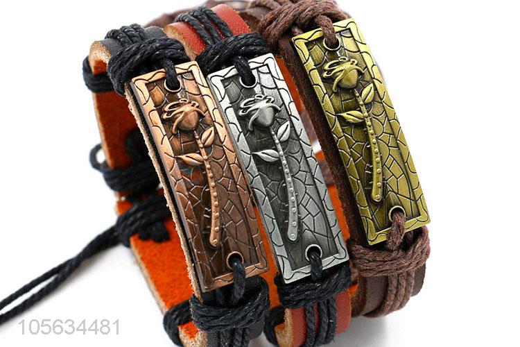 Factory sales multitier men leather bracelet vintage alloy bracelet