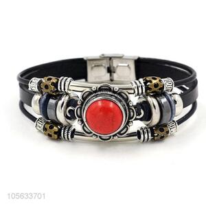 Excellent quality multi tier leather bracelet with red crackle stone