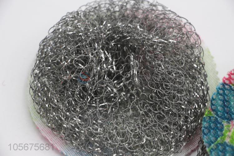 Top quality kitchen supplies steel wire ball with printed cleaning cloth