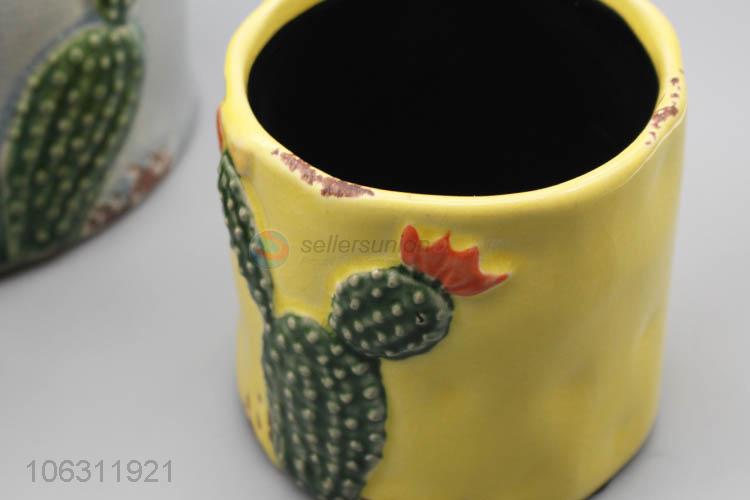 Wholesale price colorful cactus embossed ceramic flowerpots