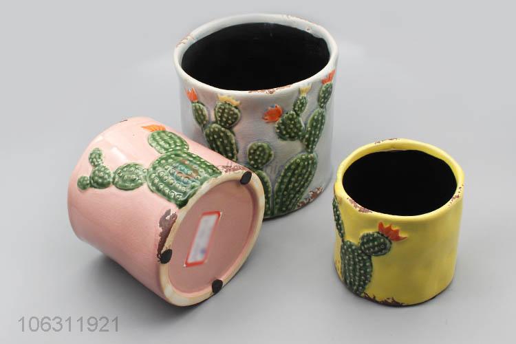 Wholesale price colorful cactus embossed ceramic flowerpots